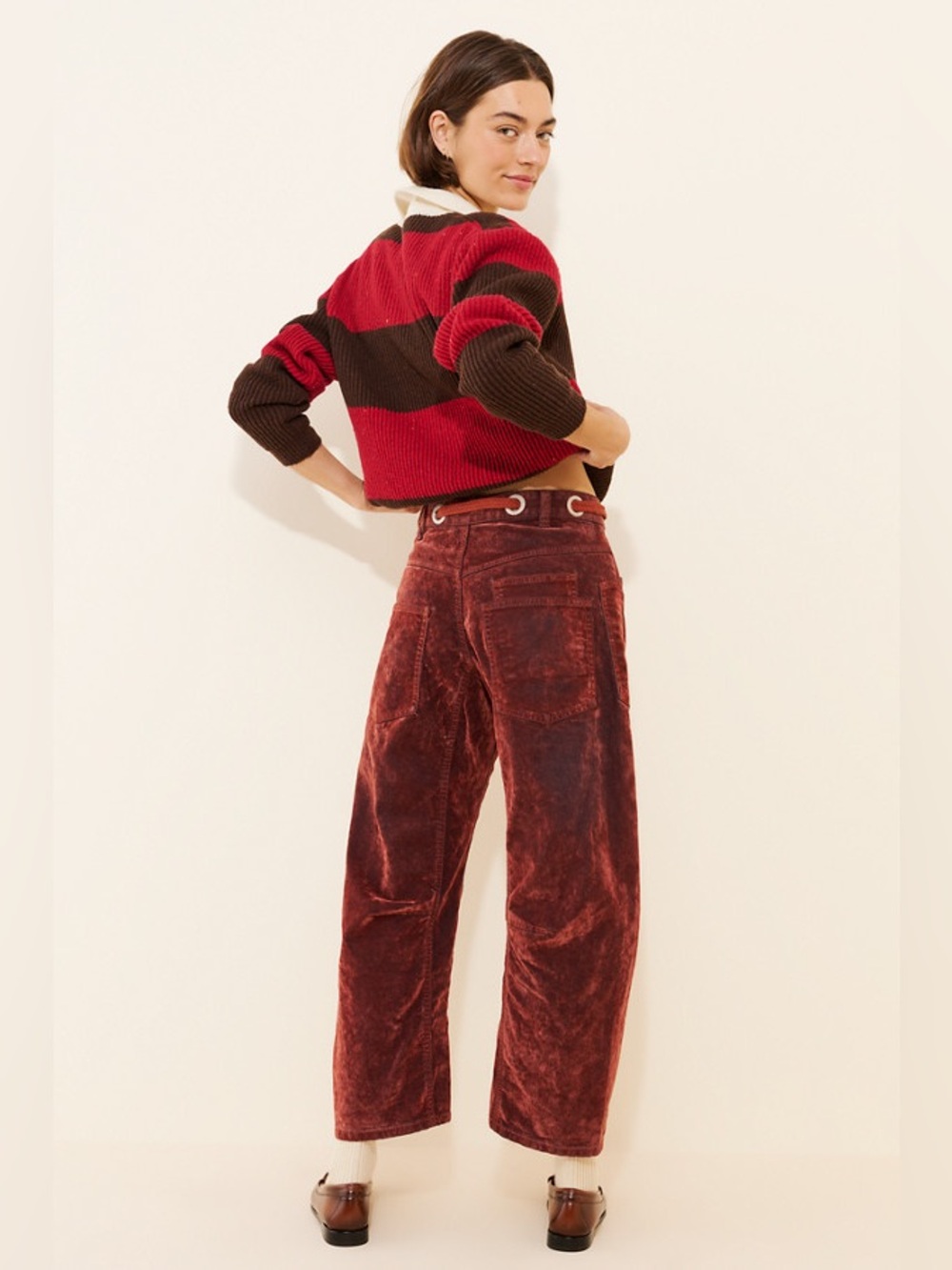 Free People Moxie Red Wine Flocked Pull-On Barrel Jeans - Picture 3 of 4